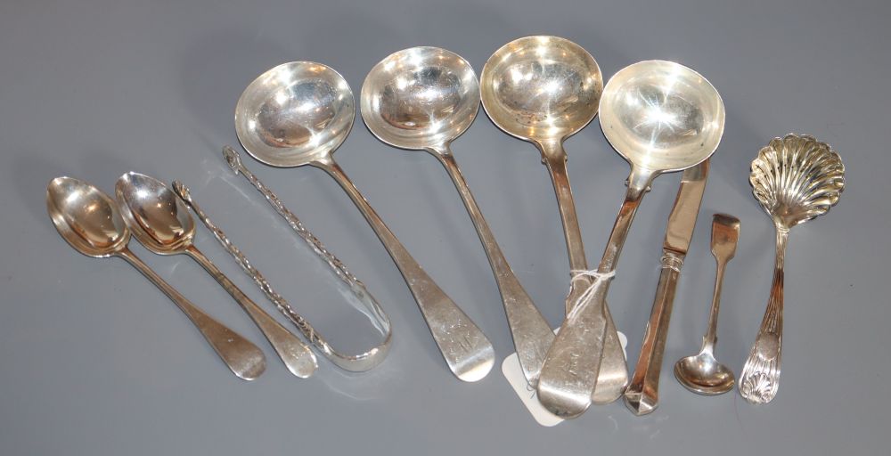 Two pairs of 19th century silver sauce ladles, London, 1824 and 1856 and other small silver cutlery, 12oz.